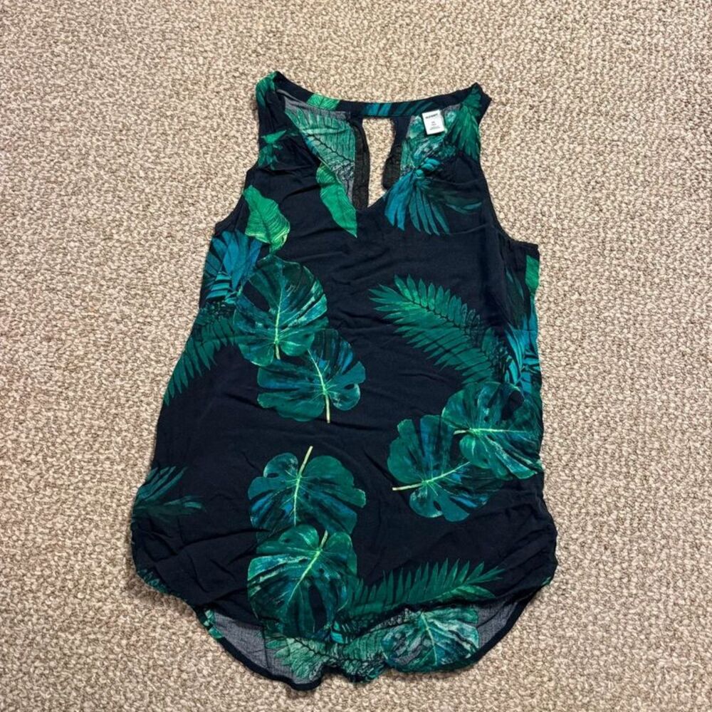 Old Navy Black Tropical Palm Leaf Tank Top Keyhole Back Extra Small Tall
